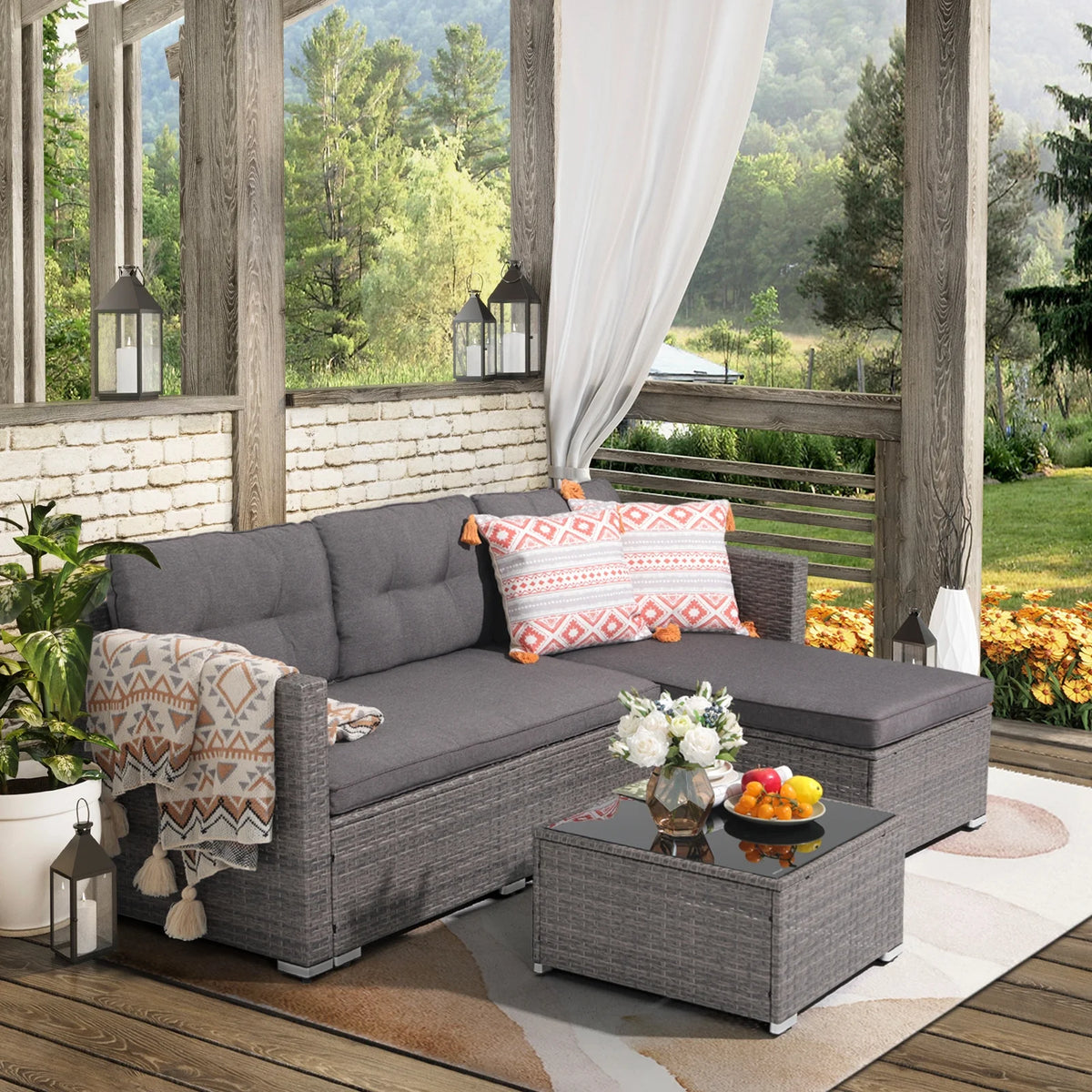 3 Pieces PE Wicker Rattan Patio Conversation Set with Cushions and Tempered Glass Coffee Table O616