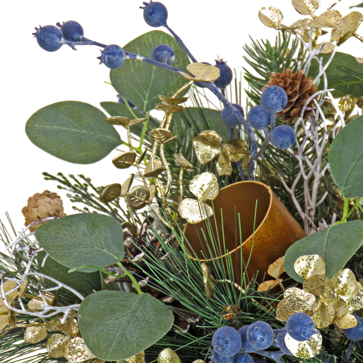 Blue 17in Artificial Arrangement with Pinecones Berries Bells and Metal Pot Base F9682