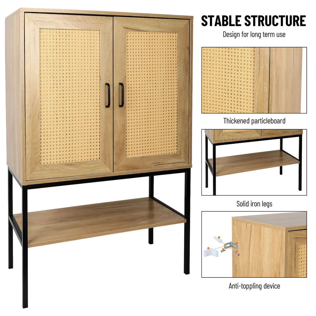 Wooden Cabinet with 2 Rattan Doors and Bottom Shelf G917