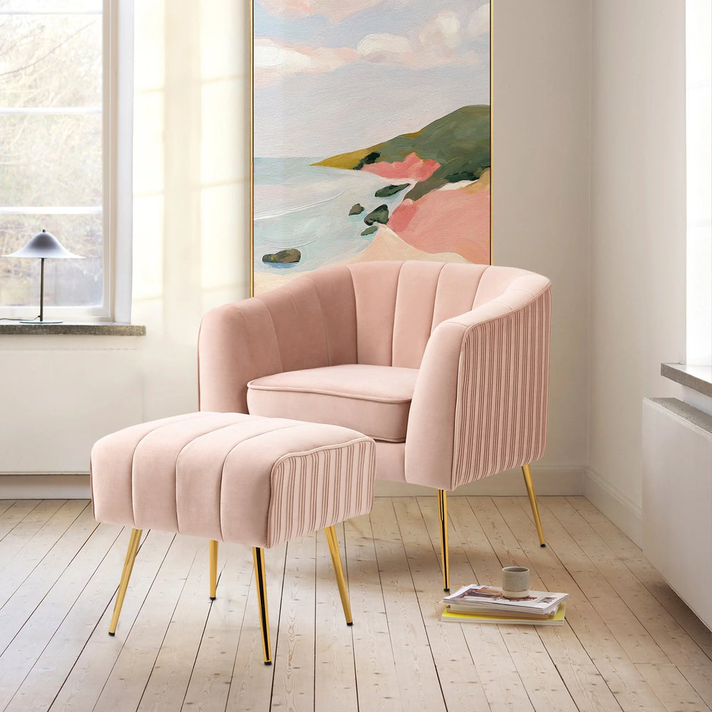 Pink Velvet Armchair with Ottoman Set O797