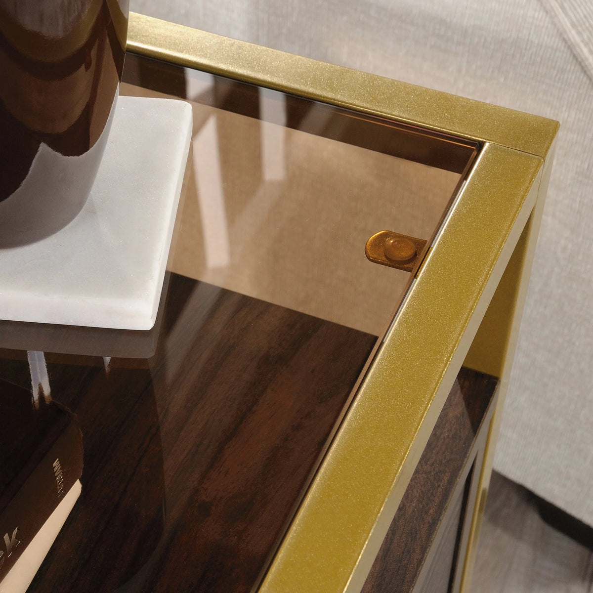 1 Drawer Glass Top Gold Metal Rectangular End Table Z91379