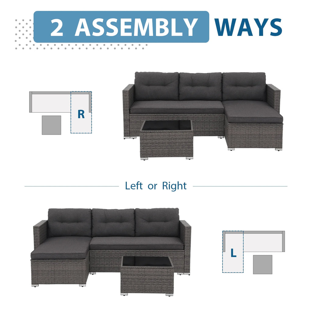 3 Pieces PE Wicker Rattan Patio Conversation Set with Cushions and Tempered Glass Coffee Table O616