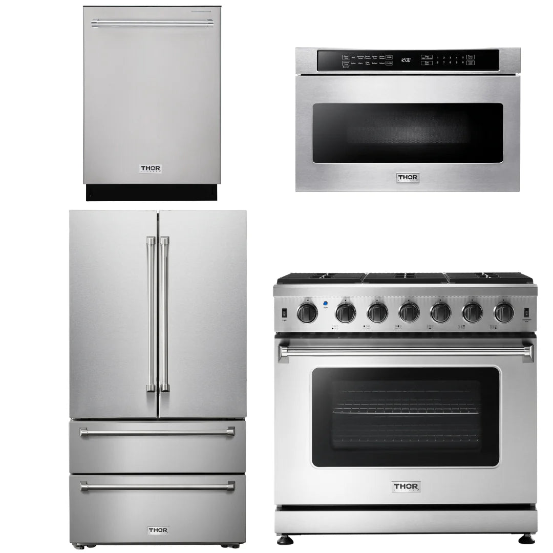 36 Gas Range, Microwave, Refrigerator, Dishwasher V461