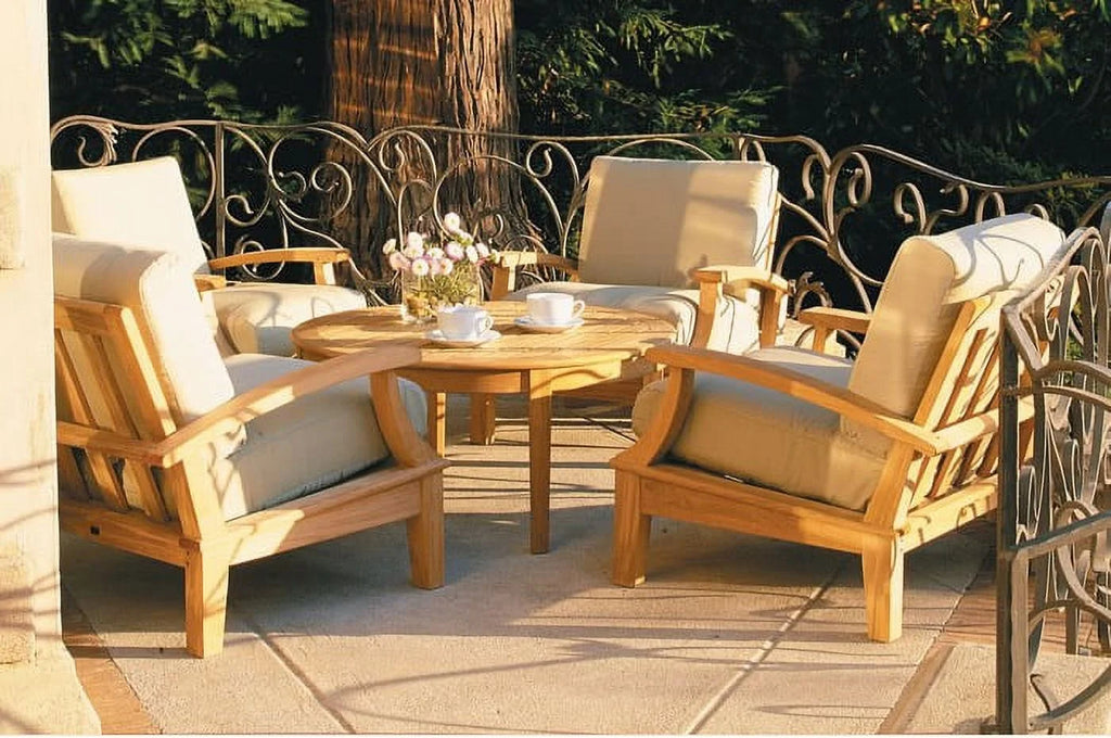 Grade-A Teak Wood 7 Piece Sofa Set with 4 Lounge Chairs, 2 Ottomans and Round Coffee Table C800612