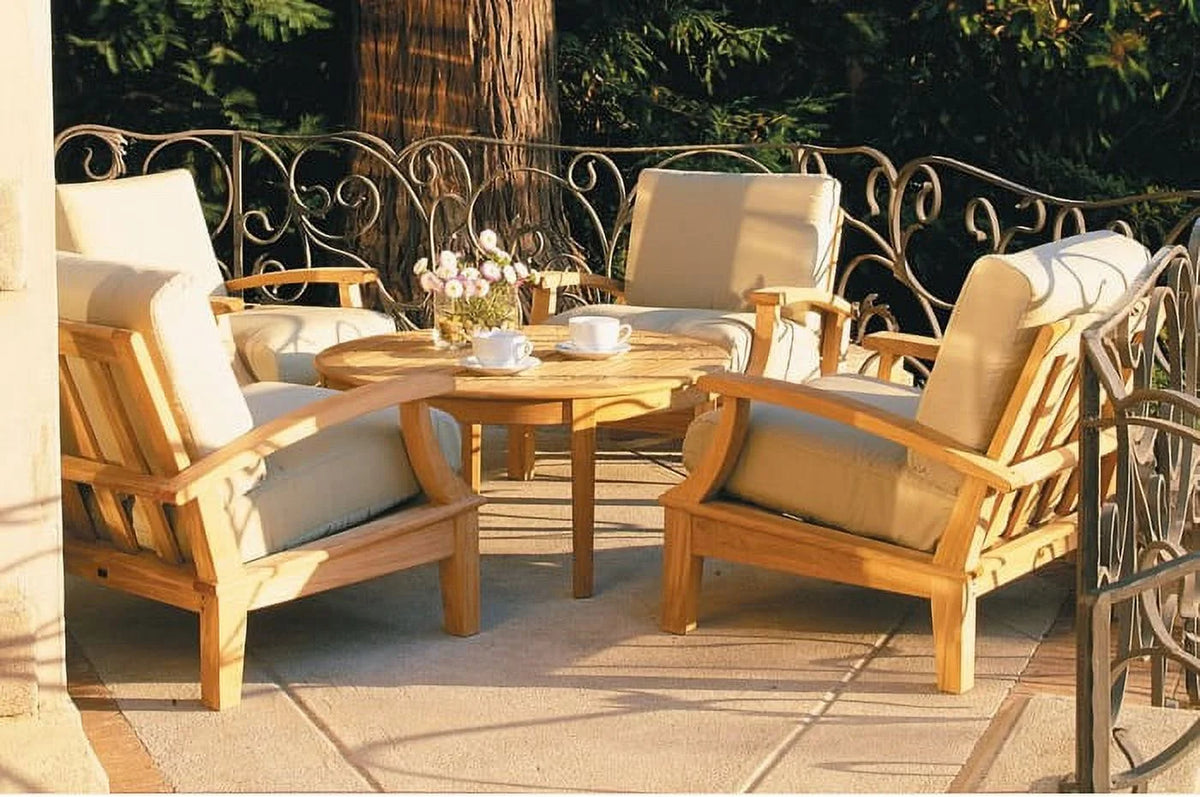 Grade-A Teak Wood 7 Piece Sofa Set with 4 Lounge Chairs, 2 Ottomans and Round Coffee Table C800612