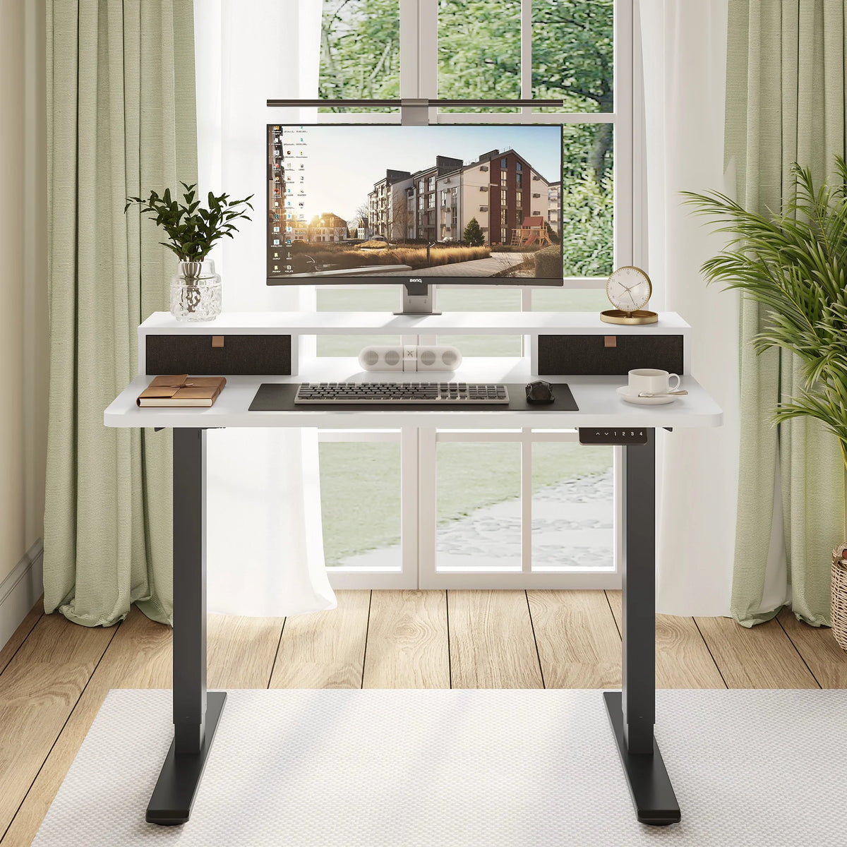 48"x24" Height Adjustable Standing Desk with 2 Drawers Black Frame White Top H2653