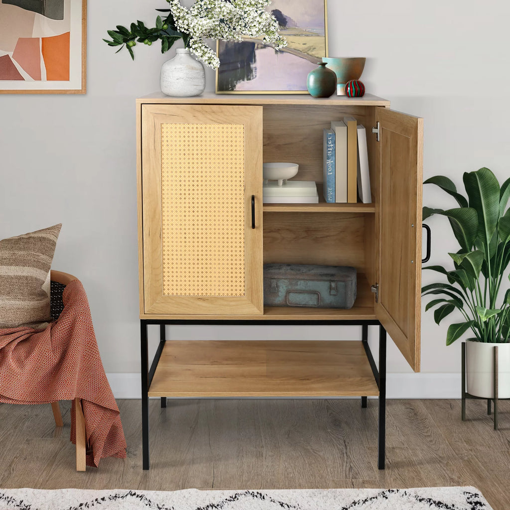 Wooden Cabinet with 2 Rattan Doors and Bottom Shelf G917