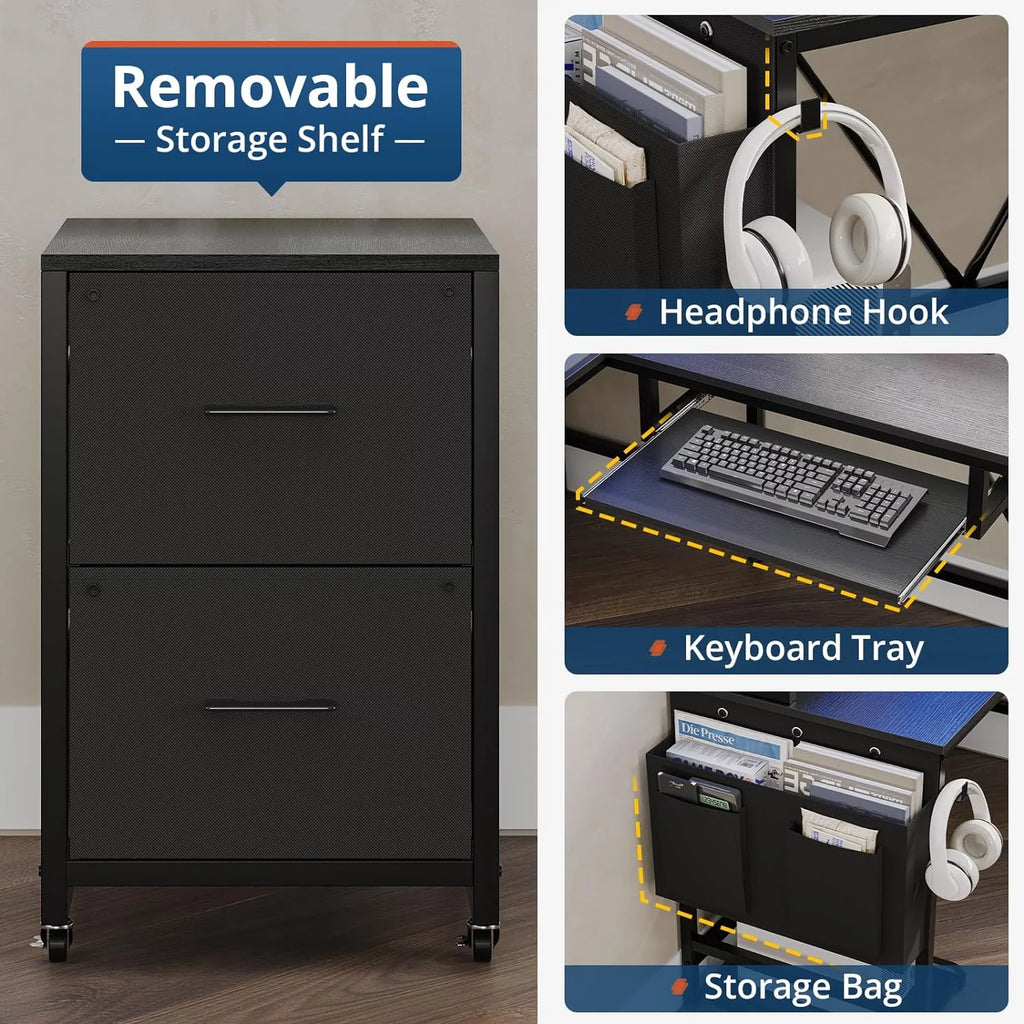 L Shaped Desk with Storage Shelves, File Drawer, Power Outlet, LED Light, Black L89707