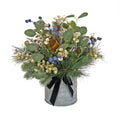 Blue 17in Artificial Arrangement with Pinecones Berries Bells and Metal Pot Base F9682