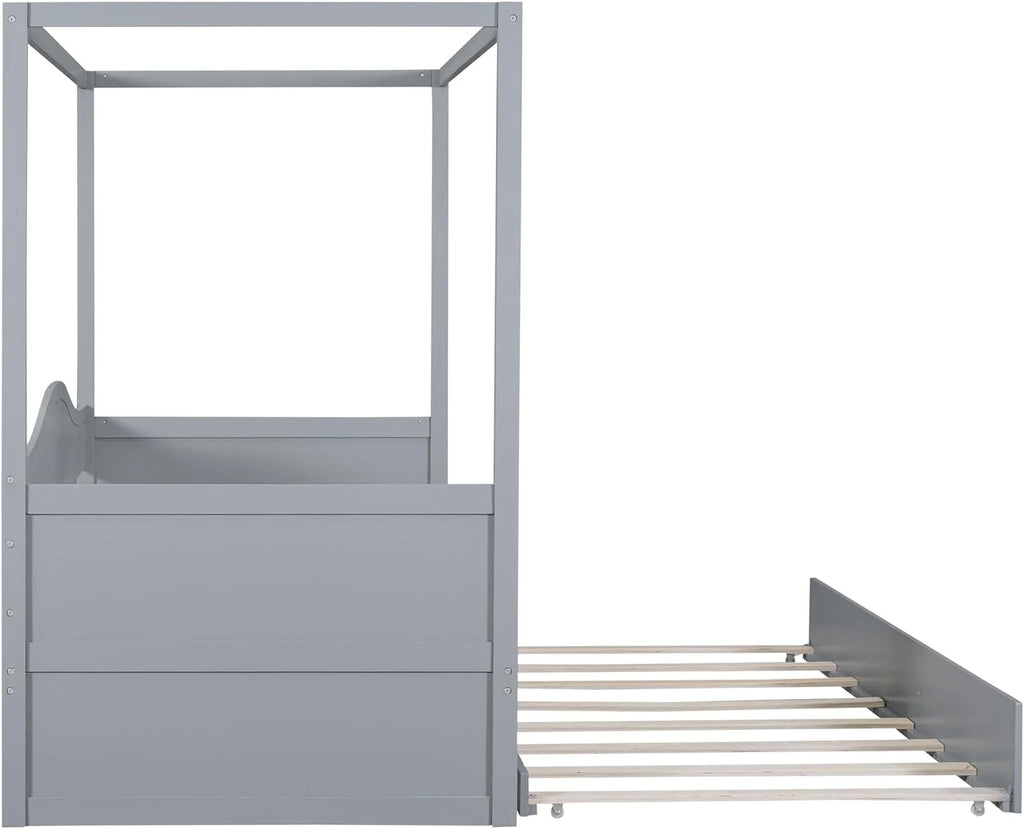 Twin Size Four-Poster Wood Canopy Bed with Trundle L365