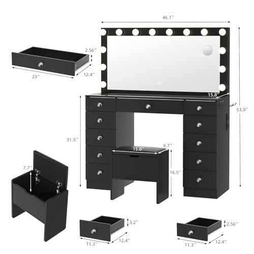 White Vanity Desk with Lighted Mirror and Stool Y442239