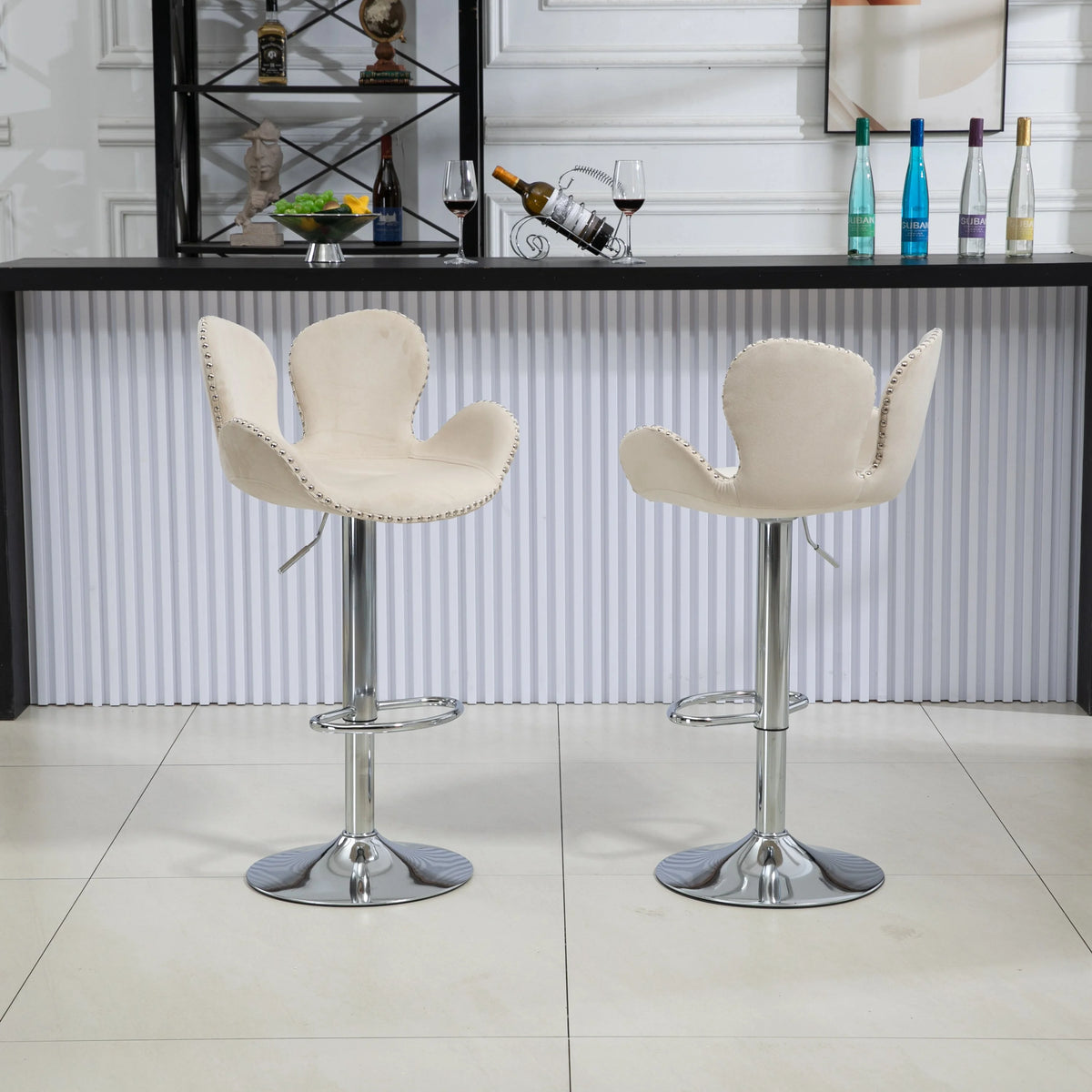 Beige Set of 2 Bar Stools with Back and Footrest N5075