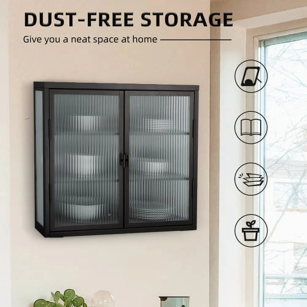 Double Glass Door Wall Cabinet with Detachable Shelves Black O52965