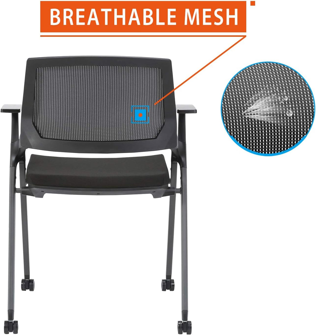 Black Mesh Stack Chairs with Caster Wheels and Arms 2 Pack B922490