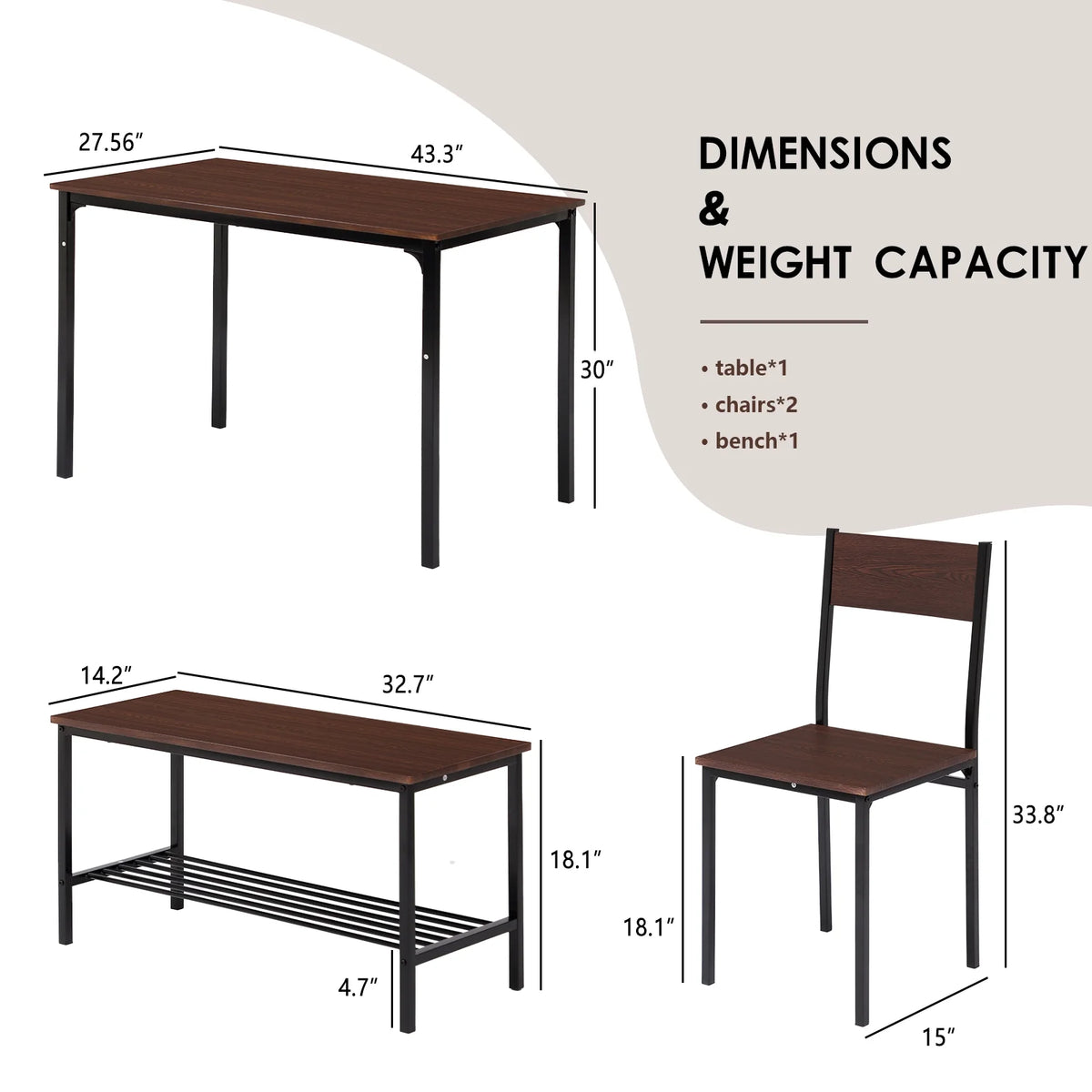 Dining Table Set for 4 with Storage Bench B627