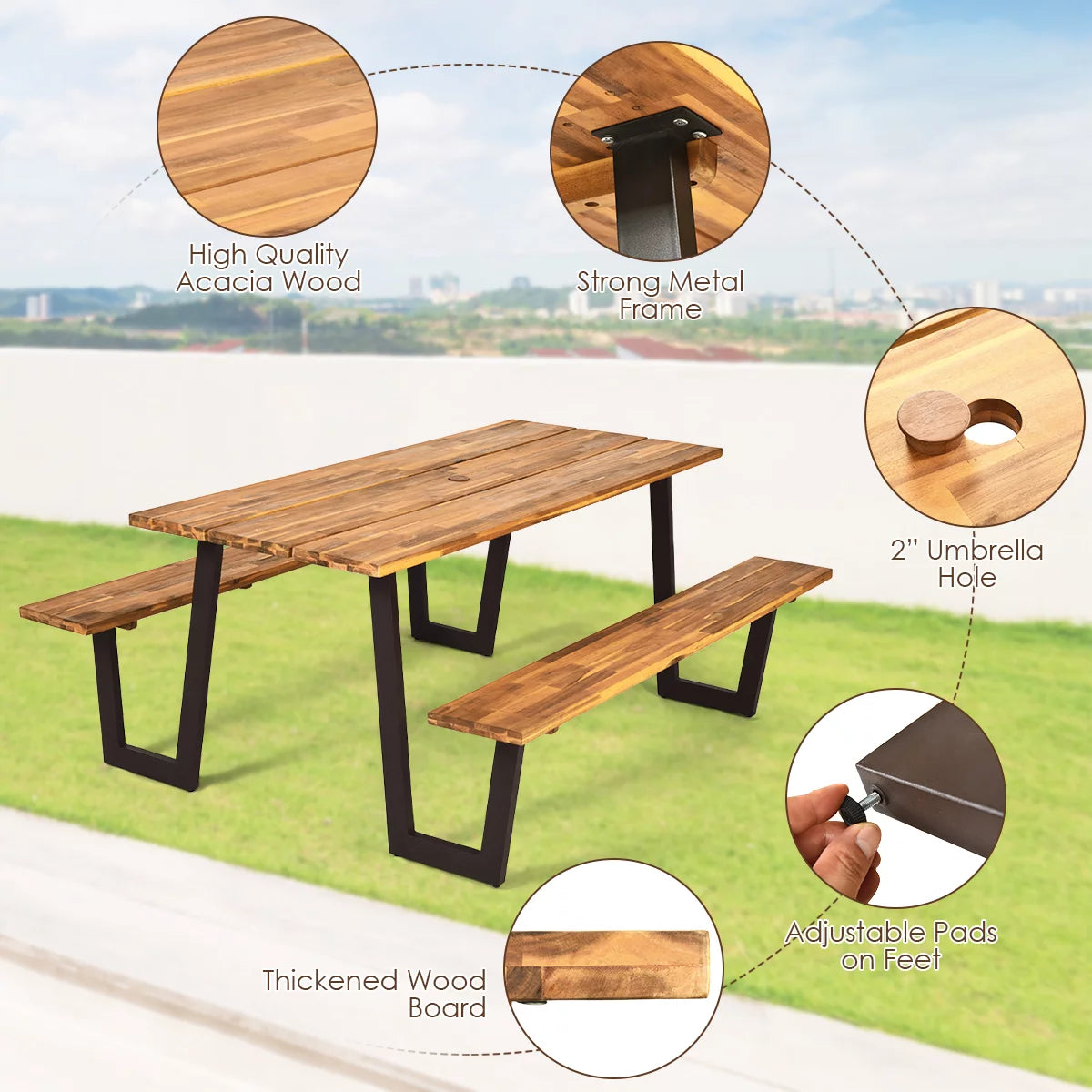 Patented Picnic Table with 2 Benches 70'' Dining Table Set with Seats and Umbrella Hole Q1715