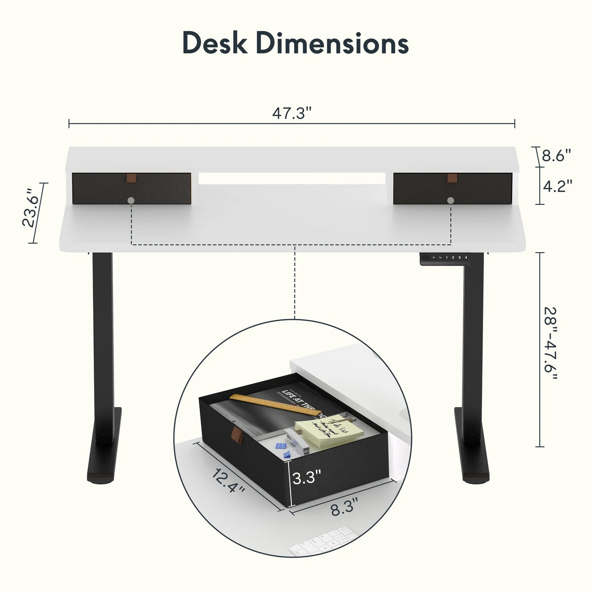 48"x24" Height Adjustable Standing Desk with 2 Drawers Black Frame White Top H2653