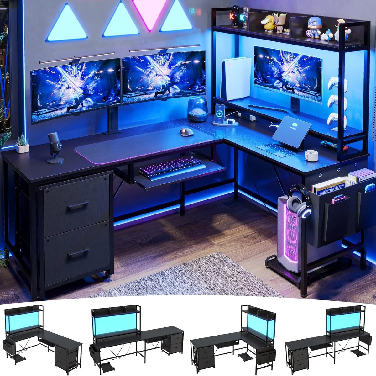 L Shaped Desk with Storage Shelves, File Drawer, Power Outlet, LED Light, Black L89707