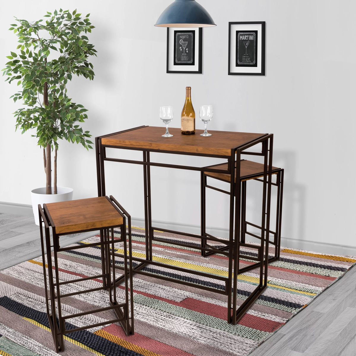 Bar Height 3 Piece Woodgrain Black Dining Table Set J2017
