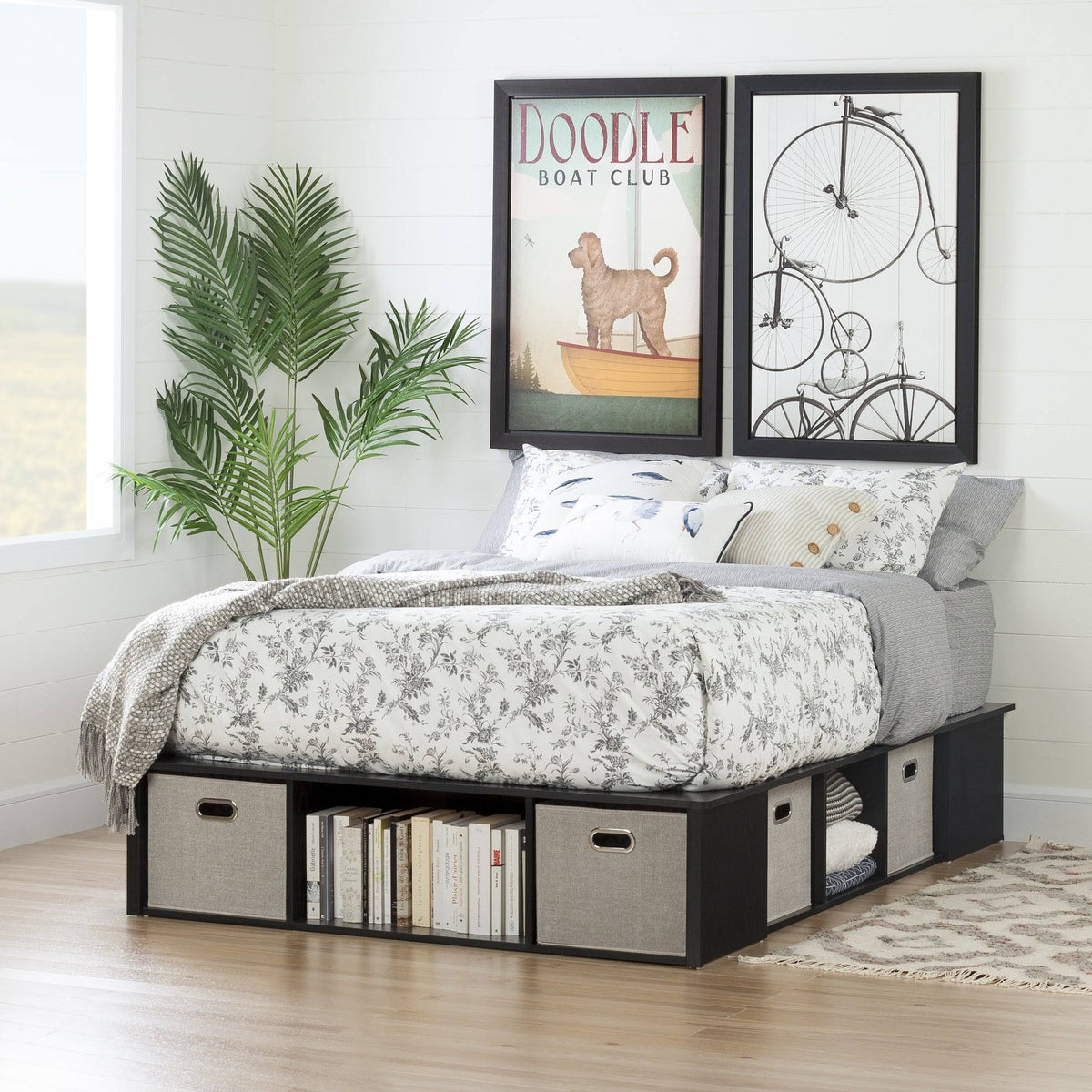 Black Oak Full Platform Bed with Storage and Baskets N116547