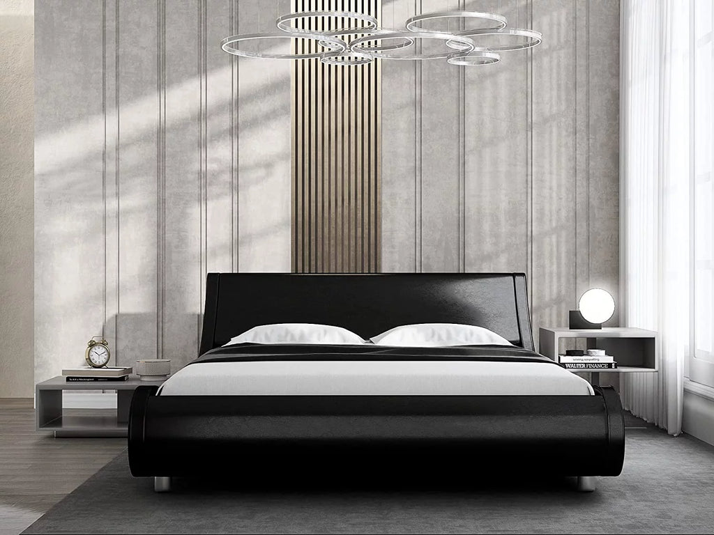 Glossy Black Full Size Platform Bed Frame with Leather Curved Adjustable Headboard O2678