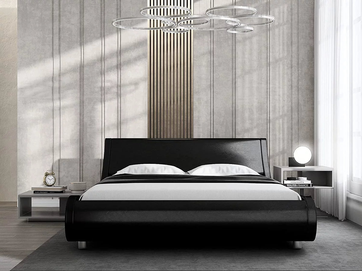 Glossy Black Full Size Platform Bed Frame with Leather Curved Adjustable Headboard O2678