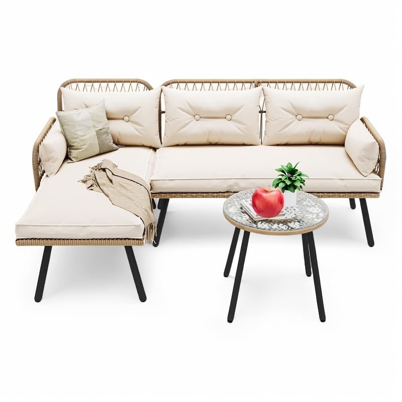 Beige Wicker Patio Furniture Set with Cushions and Side Table G99101