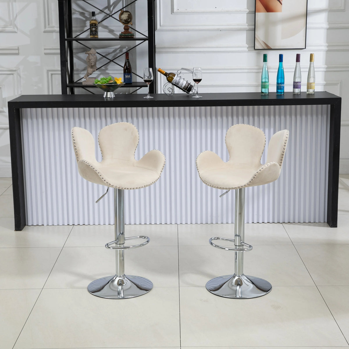 Beige Set of 2 Bar Stools with Back and Footrest N5075
