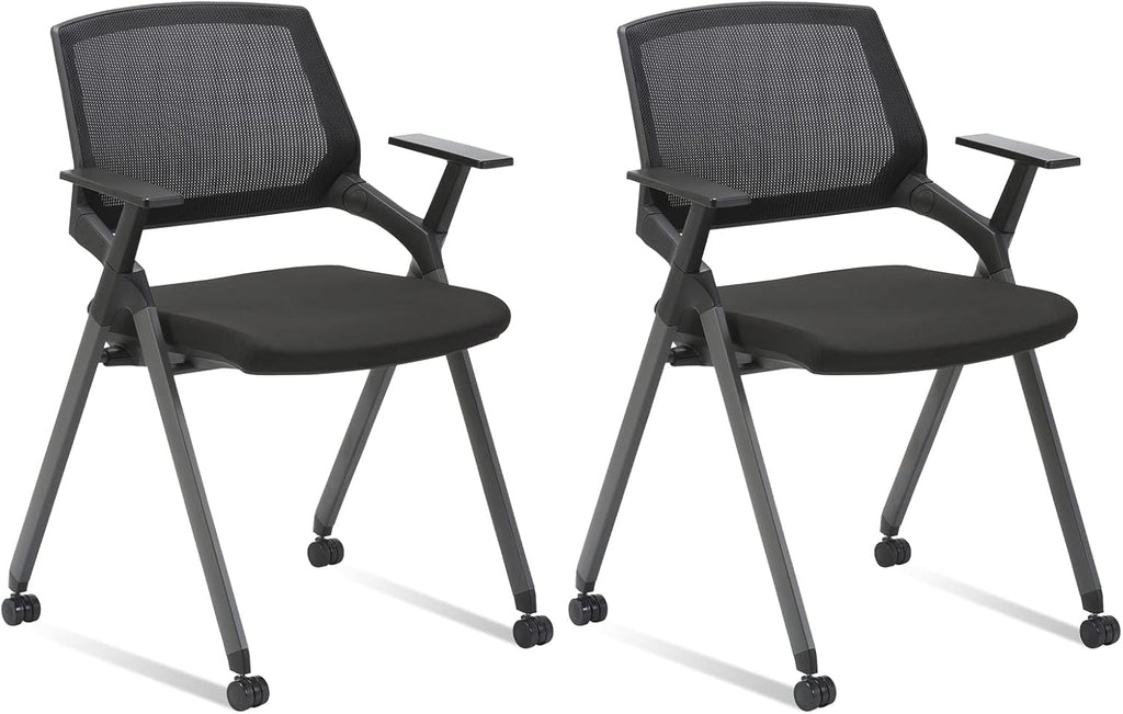Black Mesh Stack Chairs with Caster Wheels and Arms 2 Pack B922490