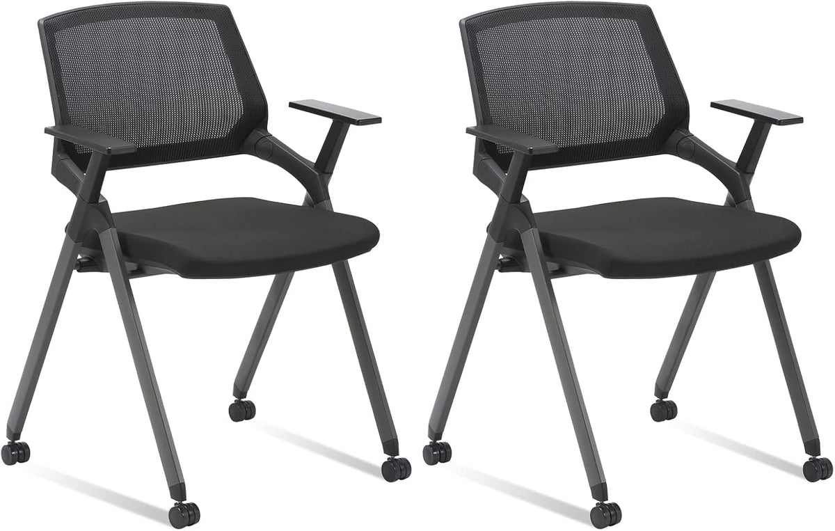 Black Mesh Stack Chairs with Caster Wheels and Arms 2 Pack B922490