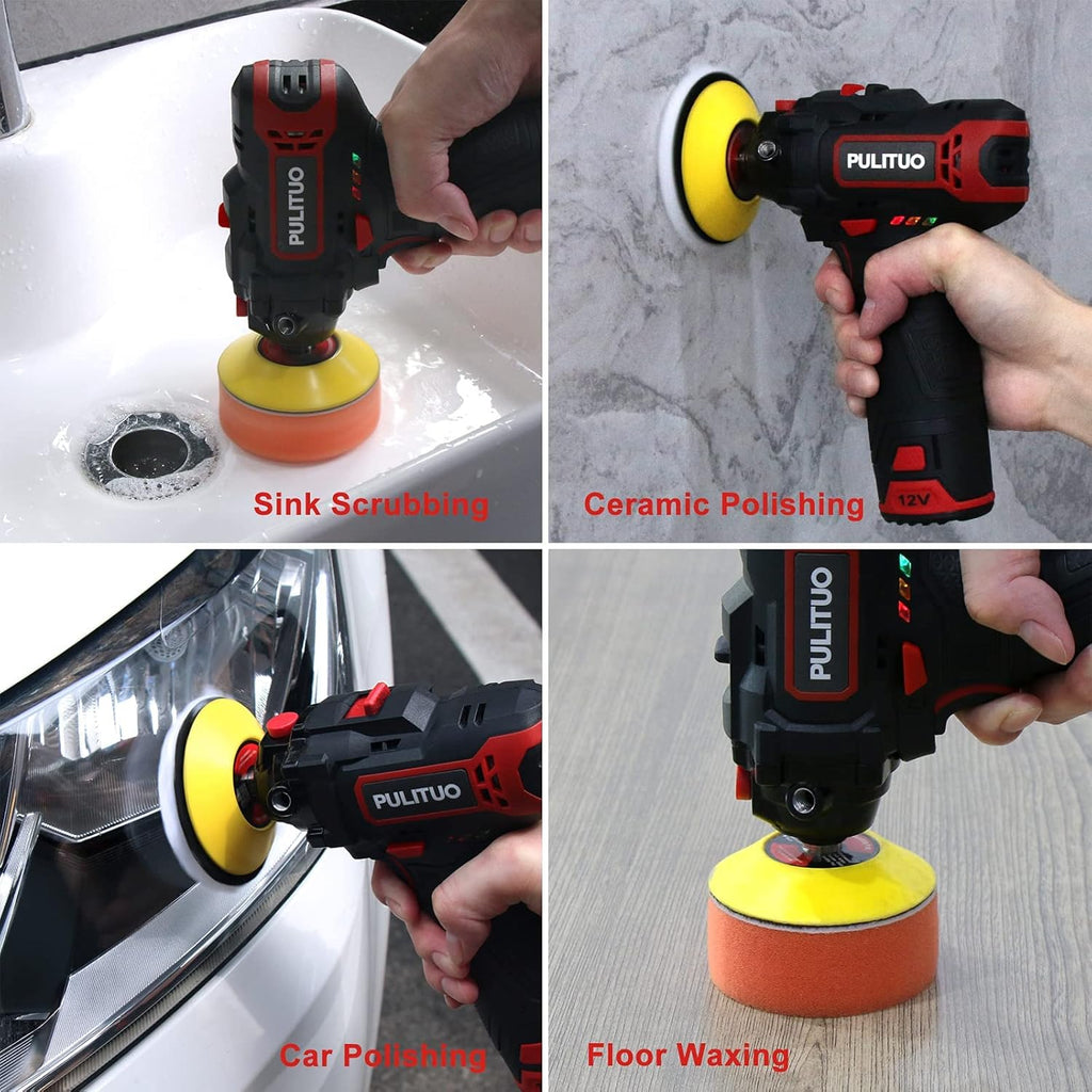 Cordless Buffer Polisher, 3 Inch, 2600-7800 RPM, 12V 2.0Ah Battery, 8 Polishing Pads G81326