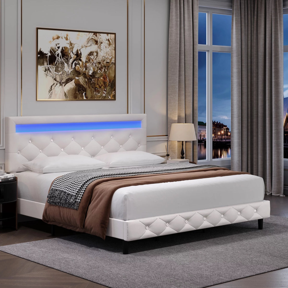 Queen Size Black Upholstered Platform Bed Frame with Adjustable Headboard K9914