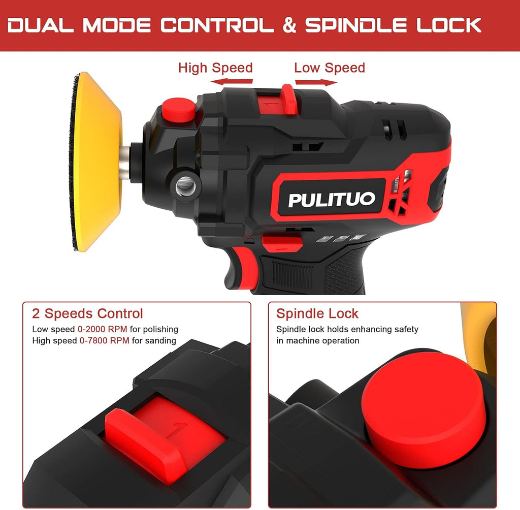 Cordless Buffer Polisher, 3 Inch, 2600-7800 RPM, 12V 2.0Ah Battery, 8 Polishing Pads G81326