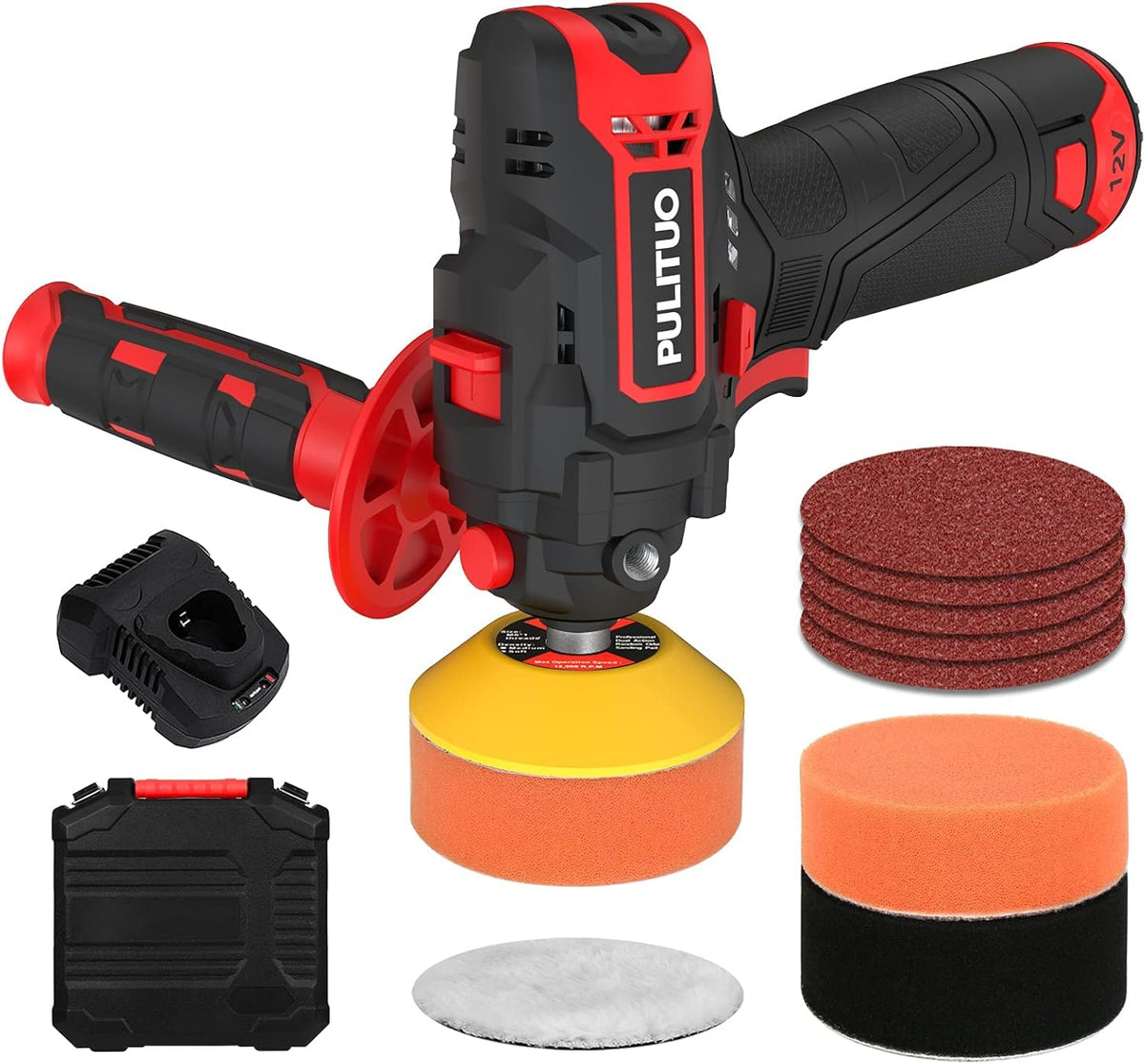 Cordless Buffer Polisher, 3 Inch, 2600-7800 RPM, 12V 2.0Ah Battery, 8 Polishing Pads G81326