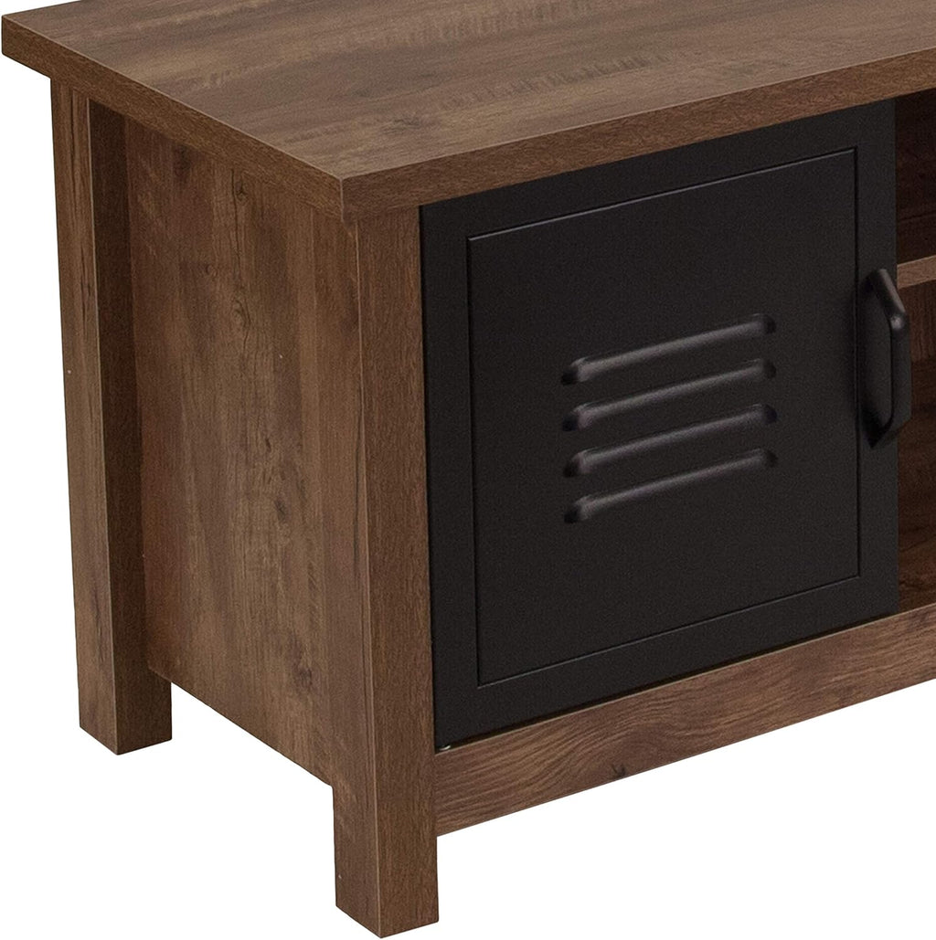 Oak Wood Grain Storage Bench with Metal Cabinet Doors Y769139
