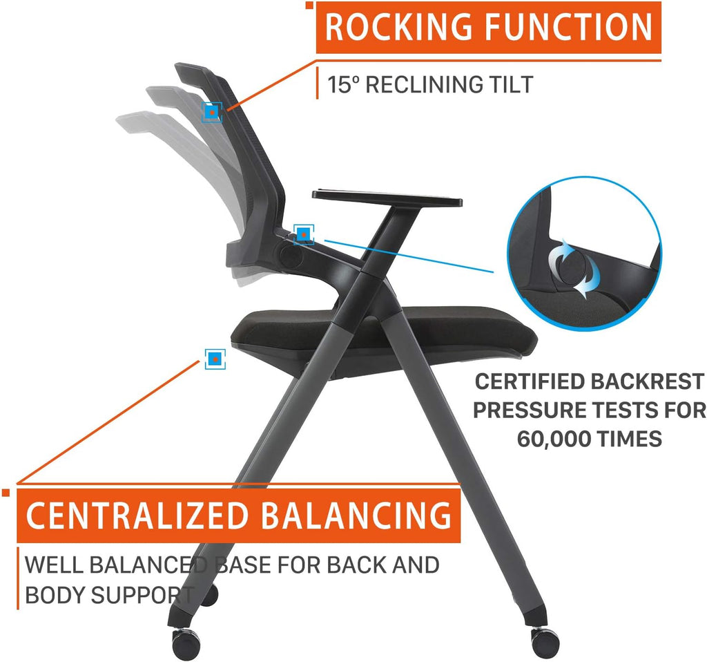 Black Mesh Stack Chairs with Caster Wheels and Arms 2 Pack B922490