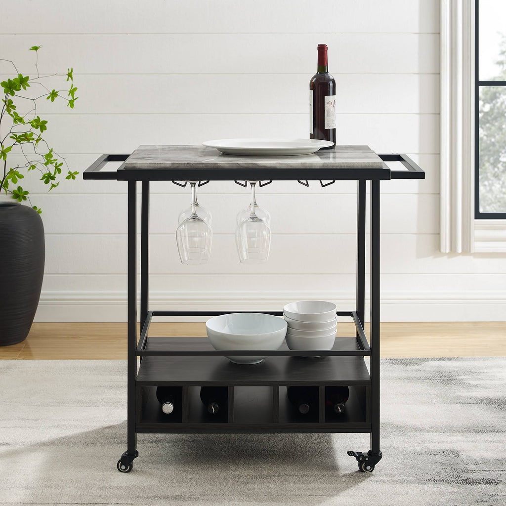 Faux Marble Serving Bar Cart with Dark Walnut Base F73447