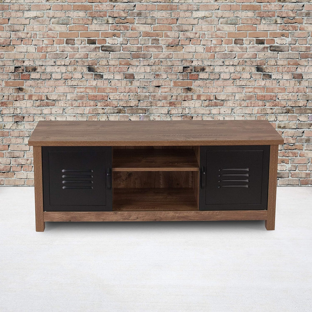 Oak Wood Grain Storage Bench with Metal Cabinet Doors Y769139