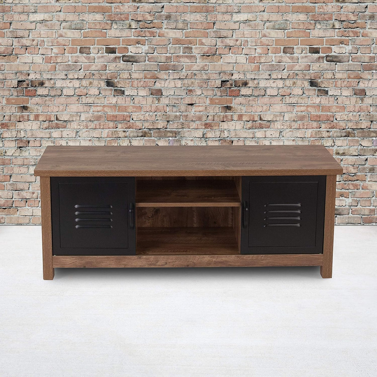Oak Wood Grain Storage Bench with Metal Cabinet Doors Y769139