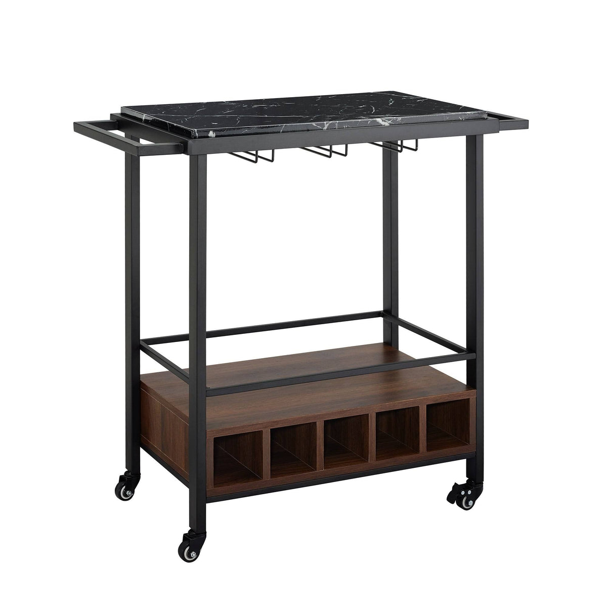 Faux Marble Serving Bar Cart with Dark Walnut Base F73447
