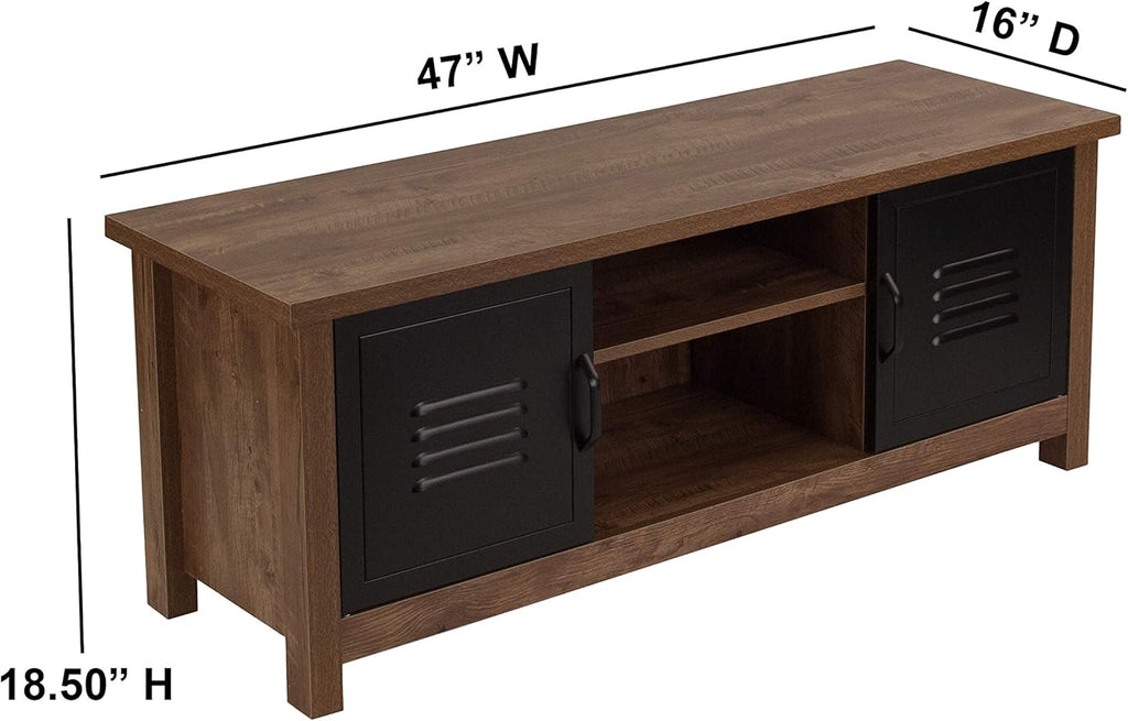 Oak Wood Grain Storage Bench with Metal Cabinet Doors Y769139