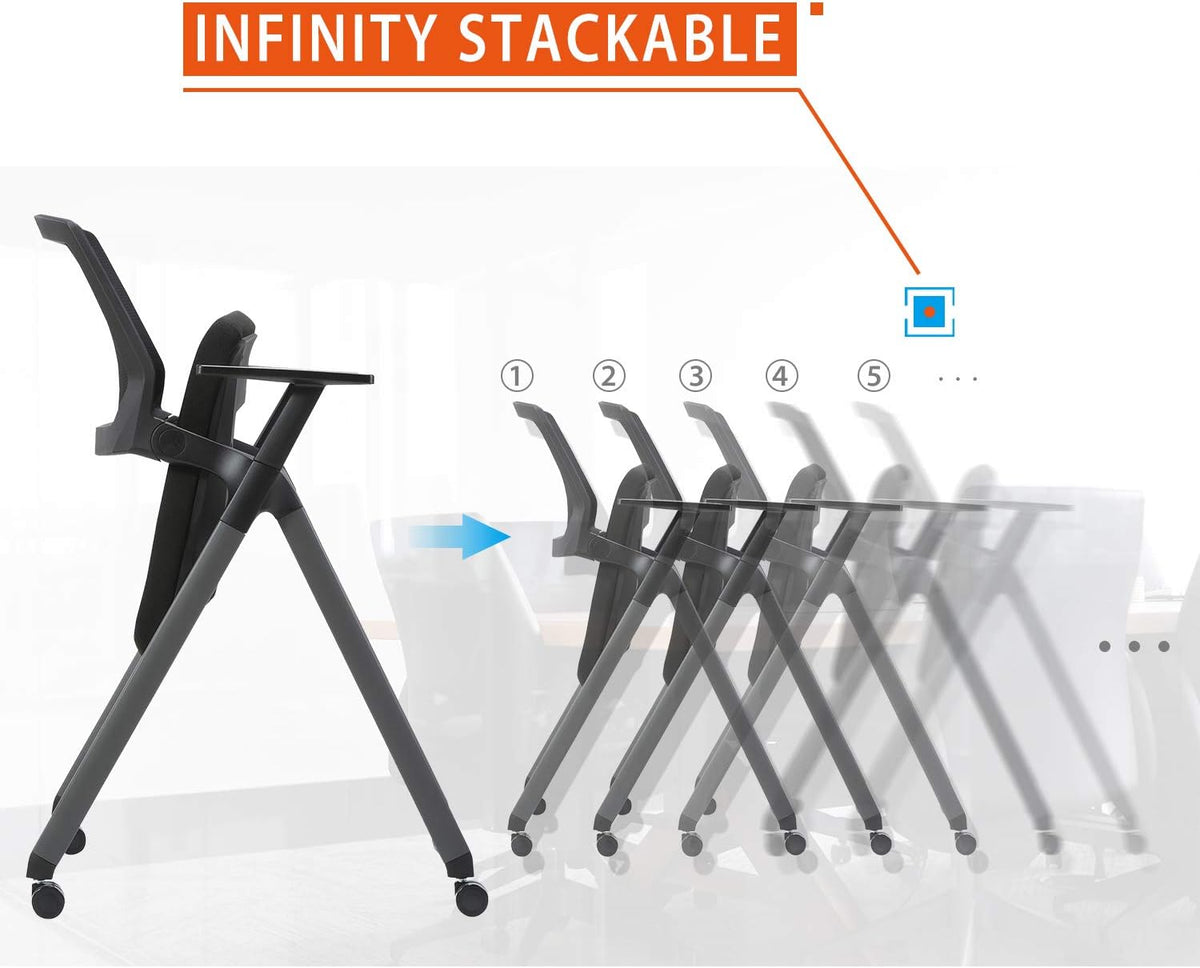 Black Mesh Stack Chairs with Caster Wheels and Arms 2 Pack B922490