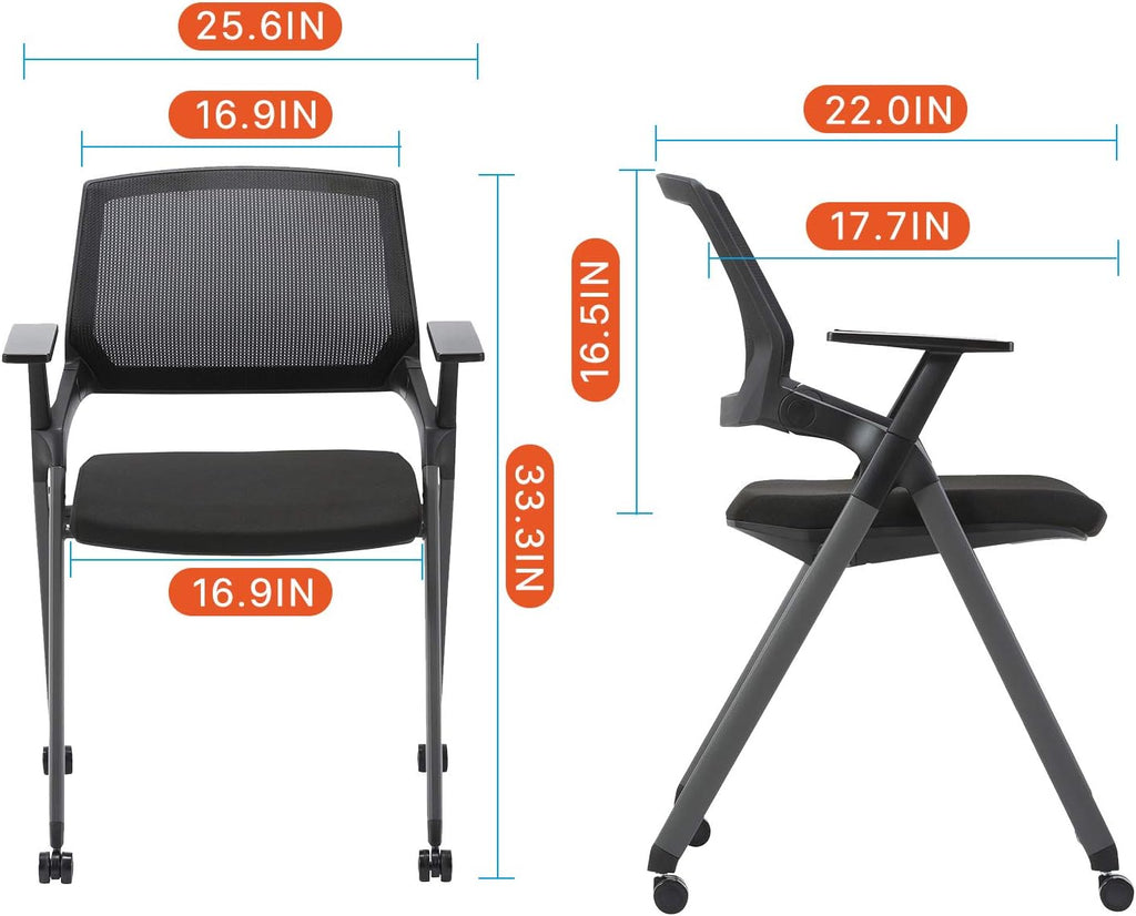 Black Mesh Stack Chairs with Caster Wheels and Arms 2 Pack B922490