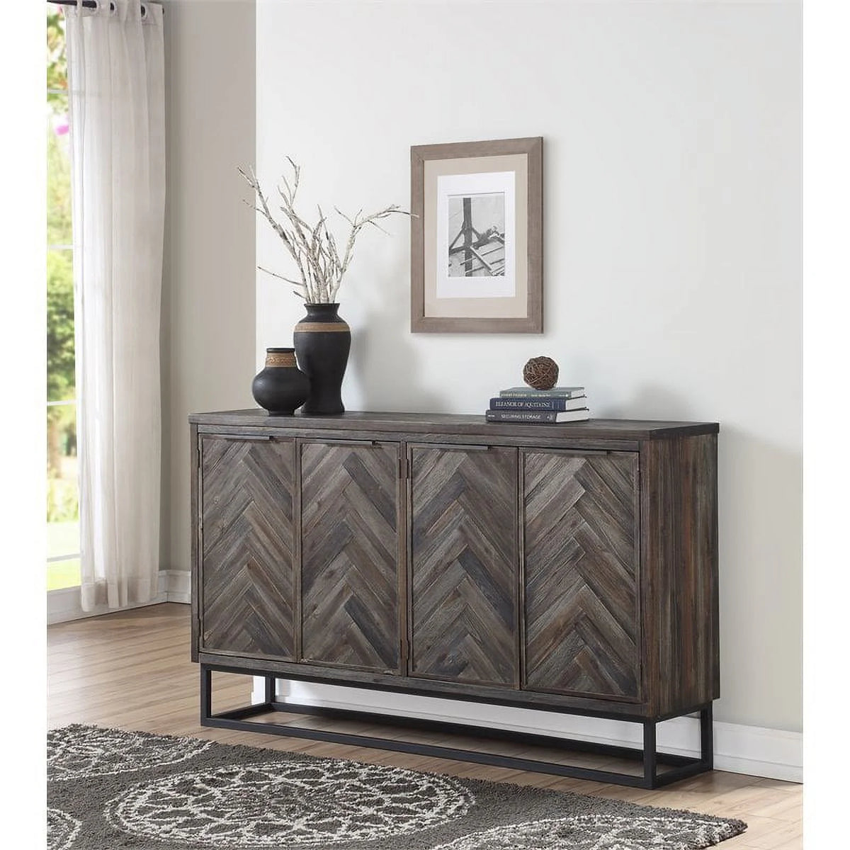 Solid Wood Herringbone 4-Door Credenza X276705