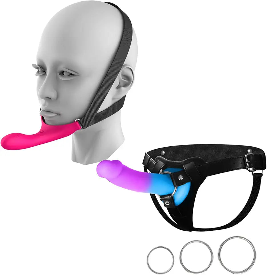 Adjustable Leather Strap-On Harness with 7.9" Silicone Dildo Set of 2 I715467