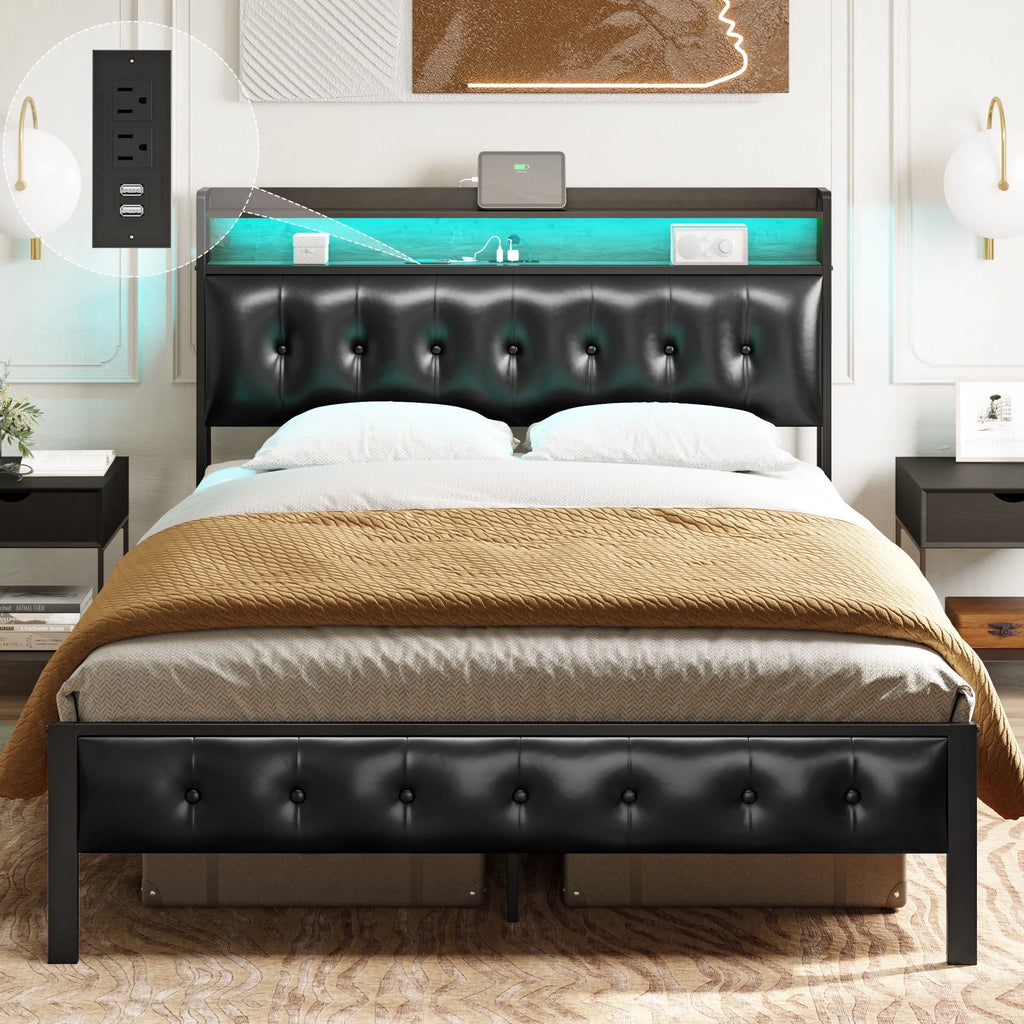 Queen Upholstered Platform Bed Frame with Storage Headboard I534