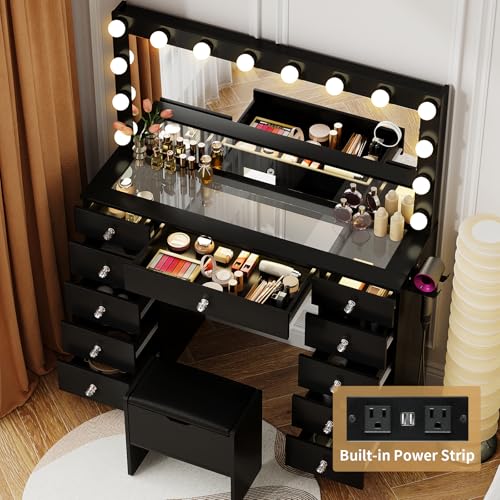 White Vanity Desk with Lighted Mirror and Stool Y442239