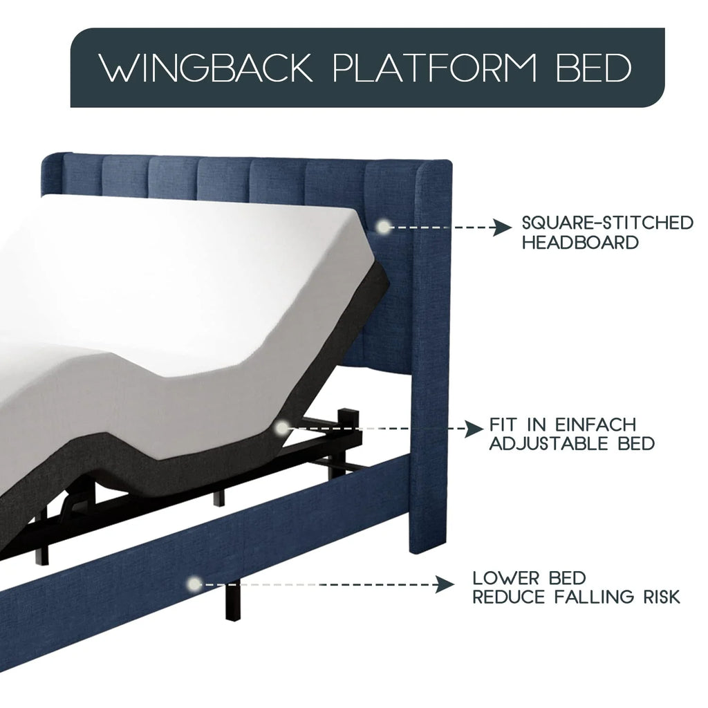 Queen Platform Bed Frame with Upholstered Wingback Linen Fabric Headboard N23784