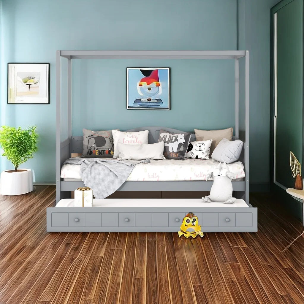 Twin Size Four-Poster Wood Canopy Bed with Trundle L365