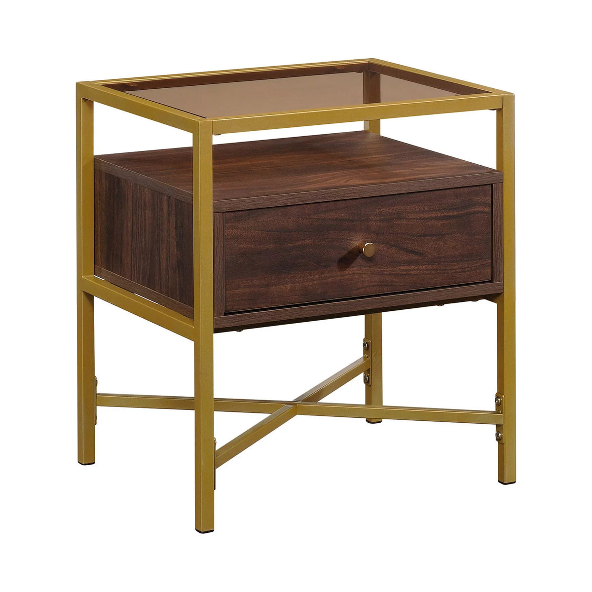 1 Drawer Glass Top Gold Metal Rectangular End Table Z91379